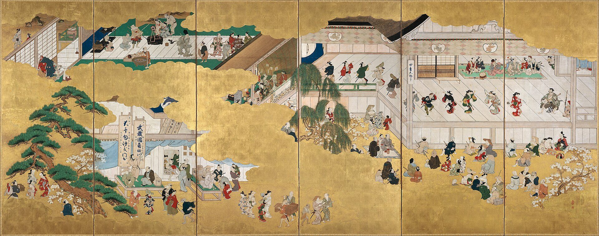 Gold-leaf folding screen showing the Nakamura kabuki theatre, with dancers on stage and musicians seated at the right