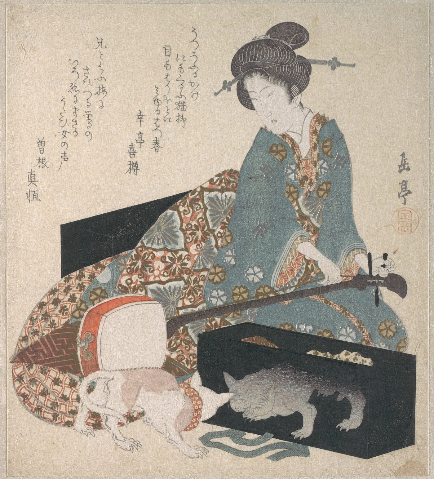 Woodblock print of a woman in a patterned kimono tuning a shamisen